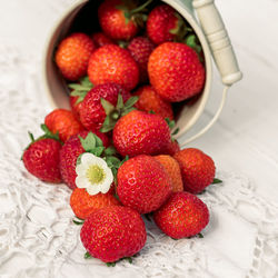 High angle view of strawberries on table