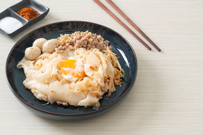 High angle view of breakfast served on table