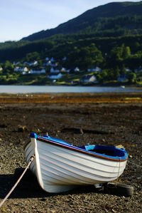 Boat moored on shore at beach