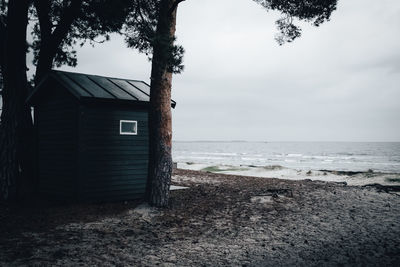 Scenic view of sea against sky. fishing hut in the foreground. 