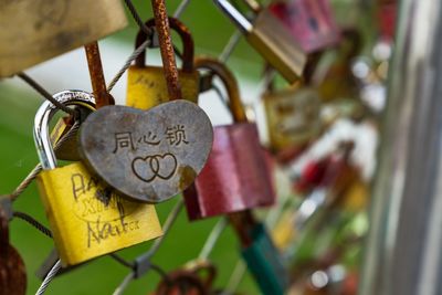 Close-up of padlocks hanging on railing