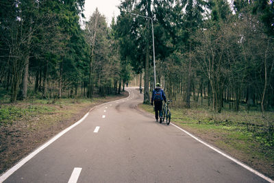 Rear view of man riding bicycle on road