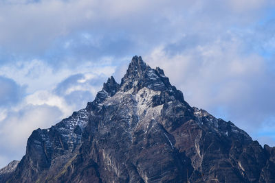 Low angle view of snowcapped mountain against sky