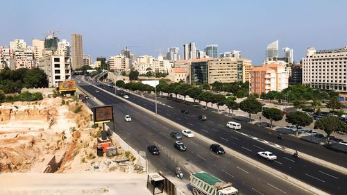 High angle view of cars on road in city