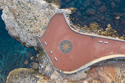 Aerial zenithal view of the punta del molinet viewpoint, in l'estartit, on the costa brava