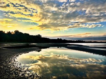 Scenic view of lake against sky during sunset