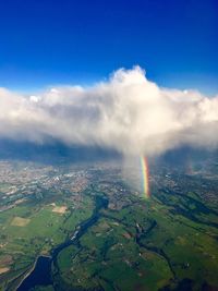 Aerial view of landscape with rainbow against cloudy sky