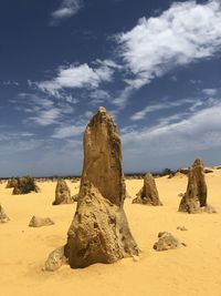 Rock formation on desert against sky