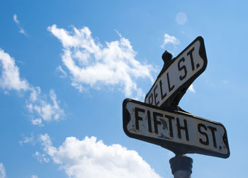 Low angle view of road sign against sky