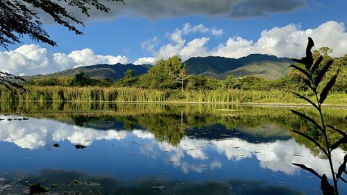 Scenic view of lake and mountains against sky