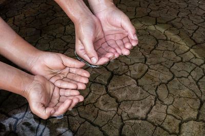 High angle view of hands in water