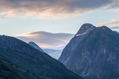 Scenic view of mountains against cloudy sky