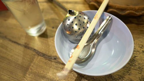 High angle view of ice cream in glass on table