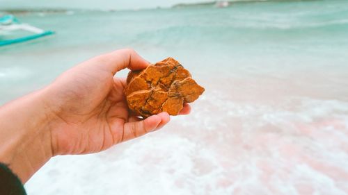 Close-up of hand holding rock at beach