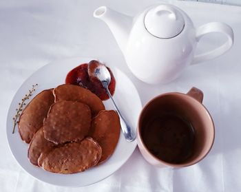 High angle view of breakfast served on table