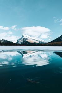 Scenic view of lake by snowcapped mountain against sky