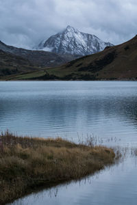 Scenic view of lake by mountains against sky