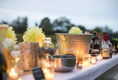 Close-up of wine glasses on table