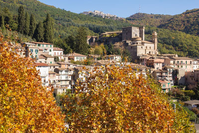 Trees and houses against sky during autumn