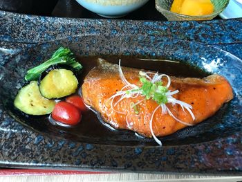 High angle view of fish in plate