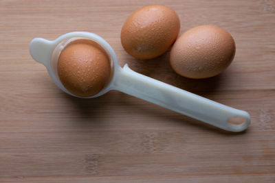 High angle view of eggs on table