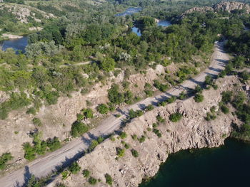 High angle view of road amidst trees