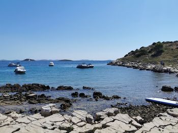 Scenic view of sea against clear blue sky