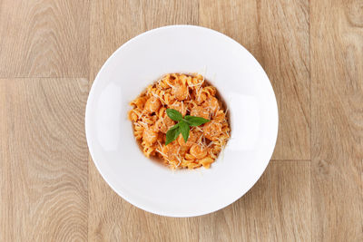 High angle view of food in plate on table