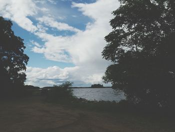 Scenic view of trees against cloudy sky