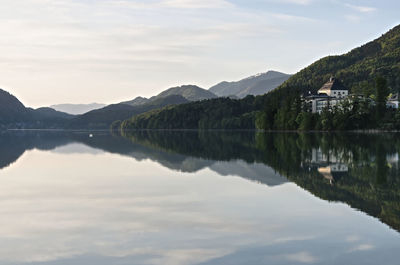 Scenic view of lake by buildings against sky