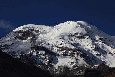 Scenic view of snowcapped mountains against clear blue sky