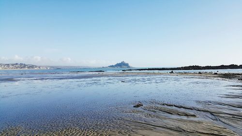 Scenic view of beach against clear sky