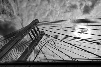 Low angle view of suspension bridge against sky