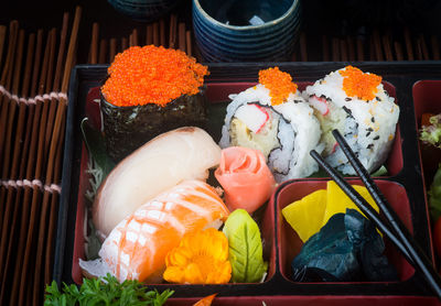 High angle view of sushi in tray