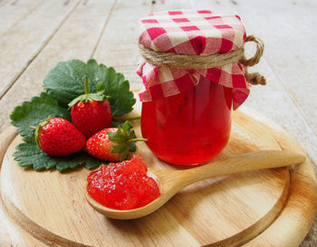 High angle view of strawberries on table