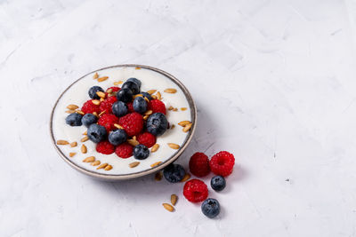 High angle view of fruits in bowl on table