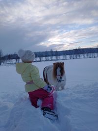 Horse on snow covered field