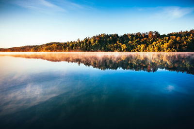 Scenic view of lake by trees against sky