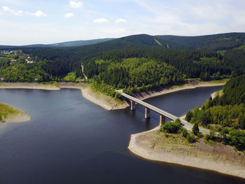 Scenic view of river by mountains against sky