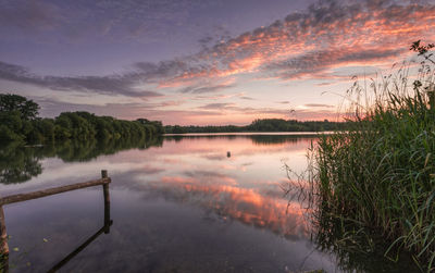 Scenic view of lake against sky at sunset