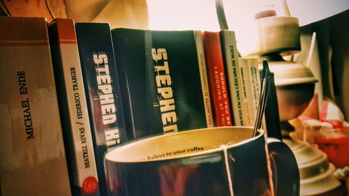 Close-up of books on shelf
