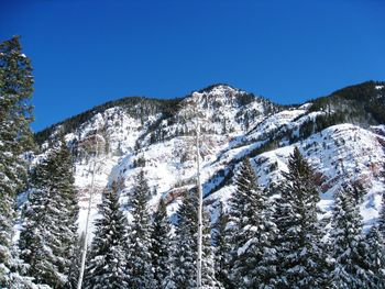 Scenic view of snow covered mountains against clear sky