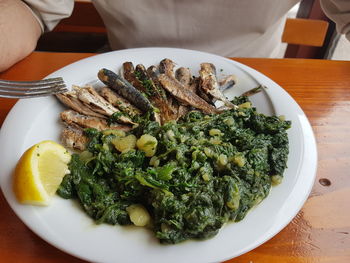 High angle view of food served on table