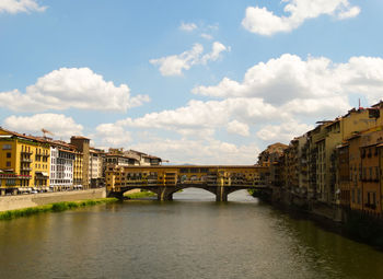 Bridge over river in city against sky