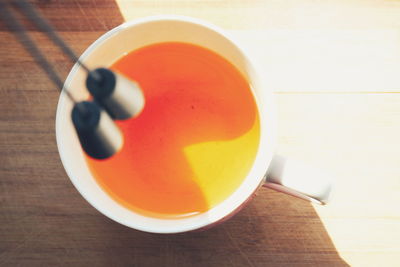 High angle view of tea in cup on table