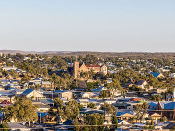 High angle view of townscape against clear sky