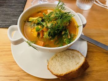 Close-up of soup in bowl on table