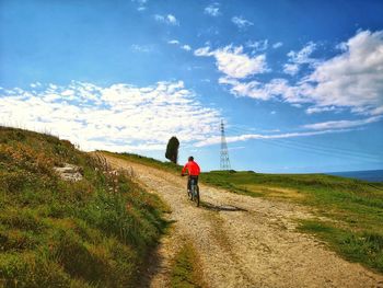 Rear view of man walking on road against sky