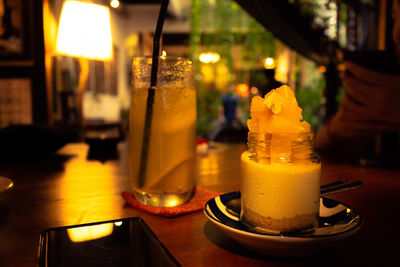 Close-up of beer glass on table in restaurant