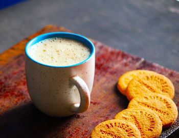 High angle view of coffee on table